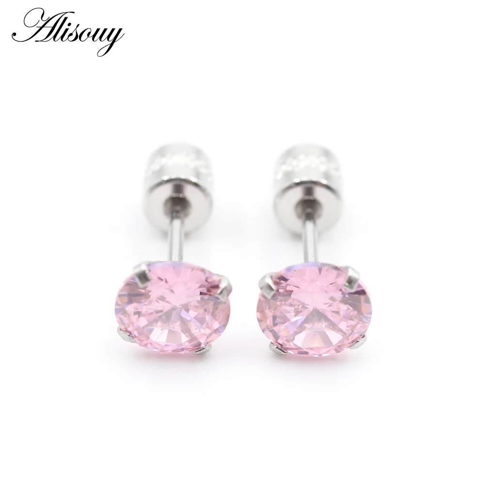 Alisouy 2PCS Surgical Stainless Steel 4 Prong Double Zircon CZ Women Men Girl Ear Stud Cartilage Screw Earrings Piercing Jewelry
