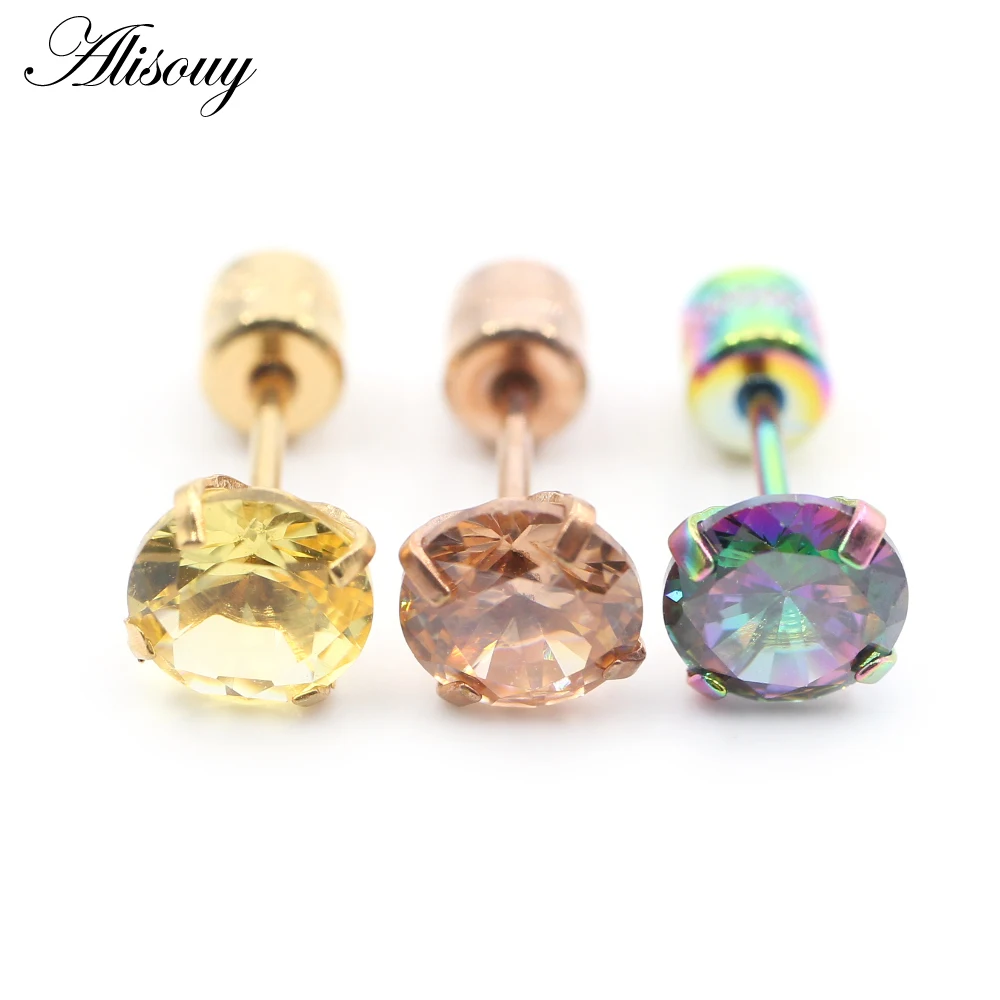 Alisouy 2PCS Surgical Stainless Steel 4 Prong Double Zircon CZ Women Men Girl Ear Stud Cartilage Screw Earrings Piercing Jewelry