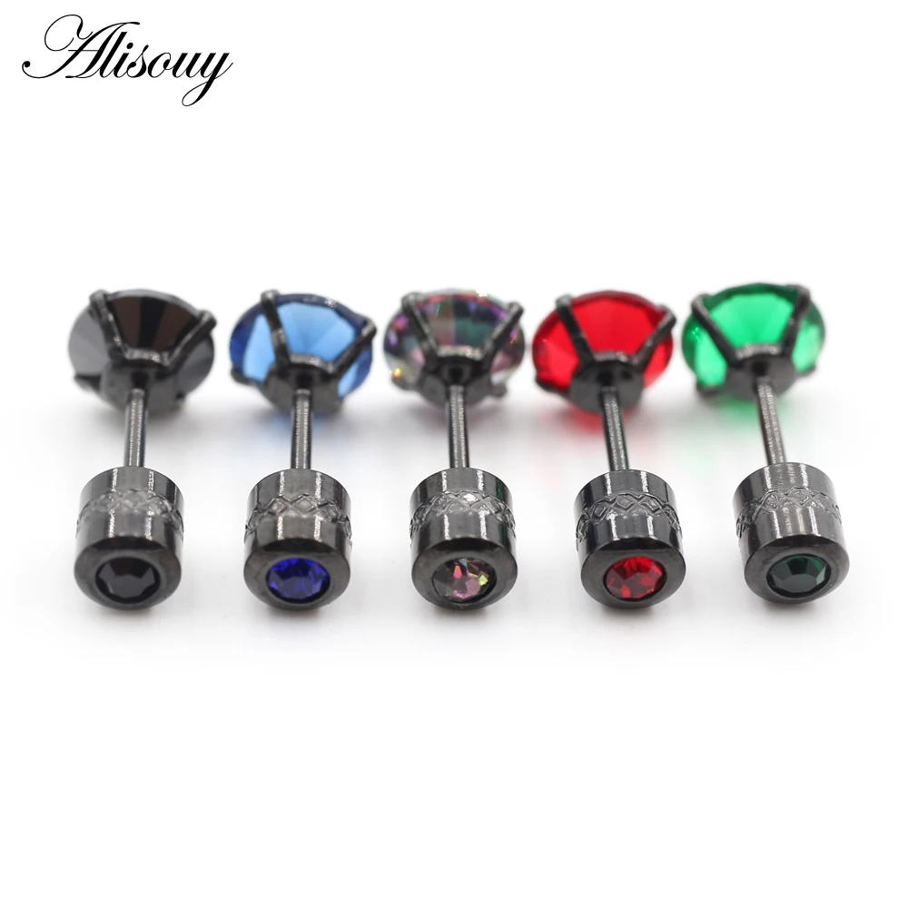Alisouy 2PCS Surgical Stainless Steel 4 Prong Double Zircon CZ Women Men Girl Ear Stud Cartilage Screw Earrings Piercing Jewelry