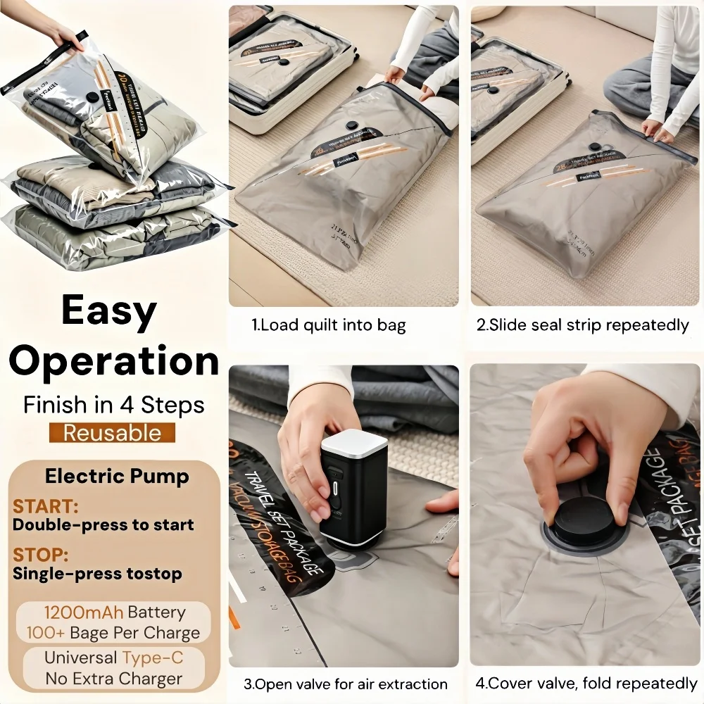 Vacuum Bags for Clothes Travel Set,Clothing Compression Bag That Saves Luggage Space,With Electric Pump for Travel & Home
