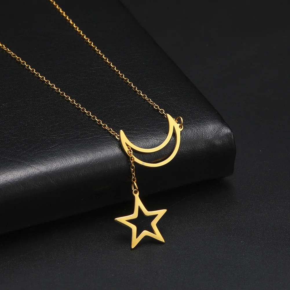 Skyrim Fashion Moon Star Pendant Necklace for Women Stainless Steel Gold Color Chain Choker Minimalist Party Jewelry Gifts