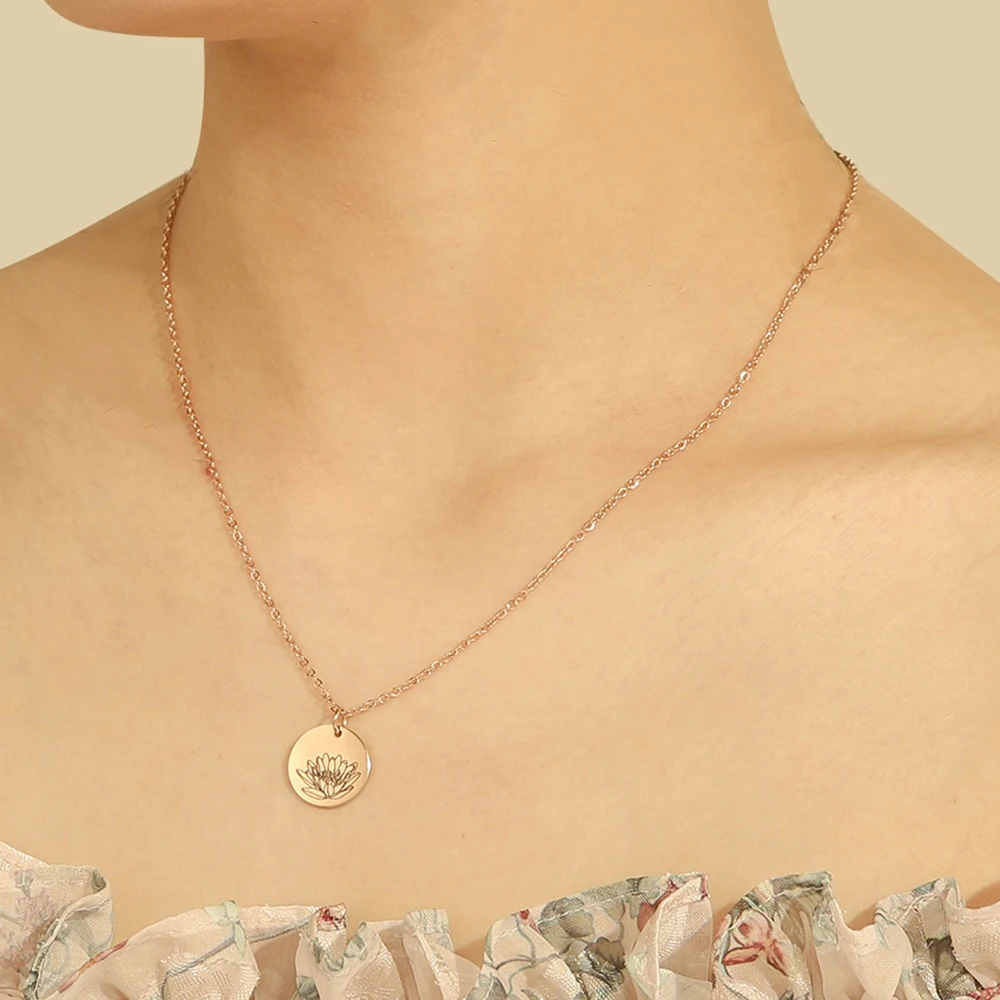 Skyrim Birth Flower Pendant Necklace Women Stainless Steel Flora Gladiolus Poppy Peony Rose Daisy Necklace Personalized Jewelry