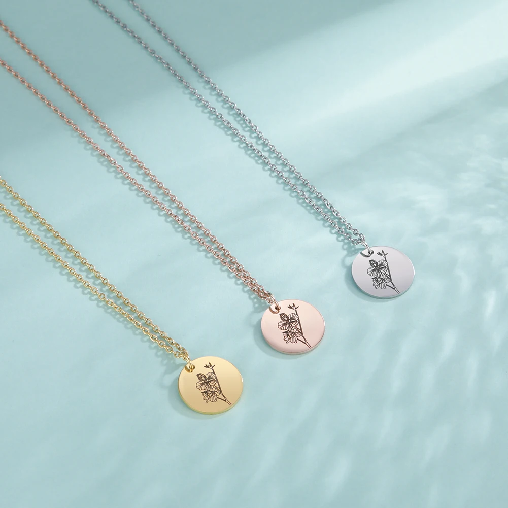 Skyrim Birth Flower Pendant Necklace Women Stainless Steel Flora Gladiolus Poppy Peony Rose Daisy Necklace Personalized Jewelry