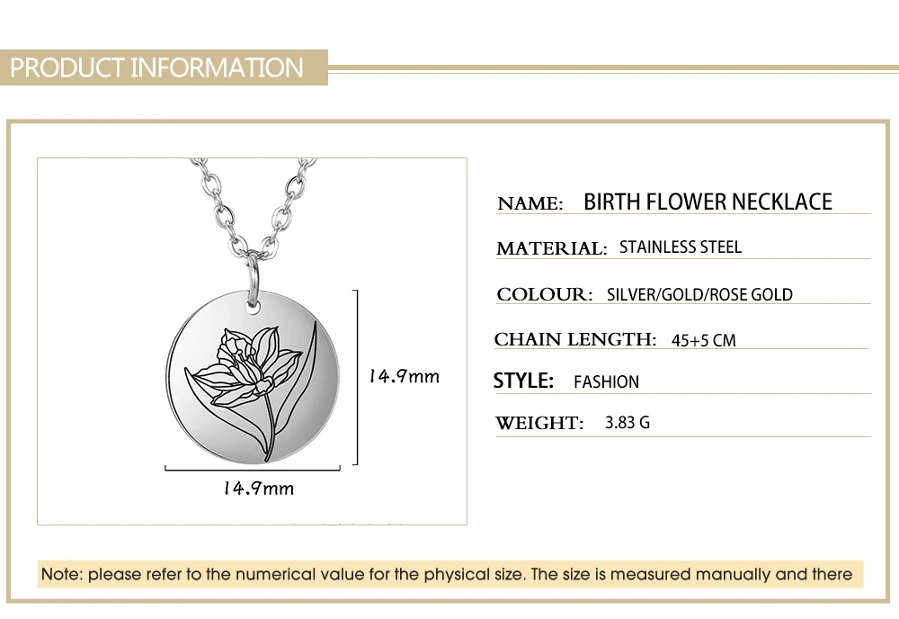 Skyrim Birth Flower Pendant Necklace Women Stainless Steel Flora Gladiolus Poppy Peony Rose Daisy Necklace Personalized Jewelry