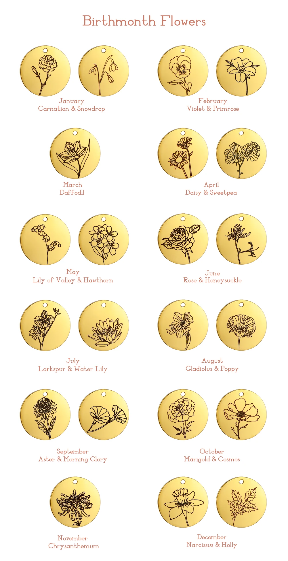 Skyrim Birth Flower Pendant Necklace Women Stainless Steel Flora Gladiolus Poppy Peony Rose Daisy Necklace Personalized Jewelry