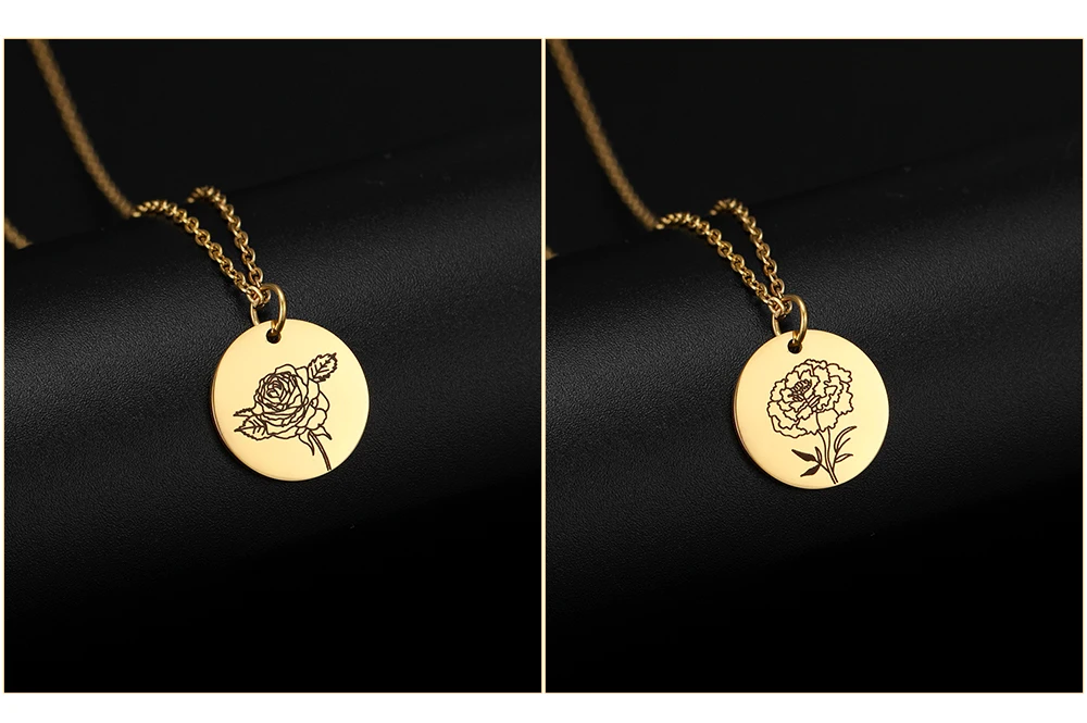 Skyrim Birth Flower Pendant Necklace Women Stainless Steel Flora Gladiolus Poppy Peony Rose Daisy Necklace Personalized Jewelry