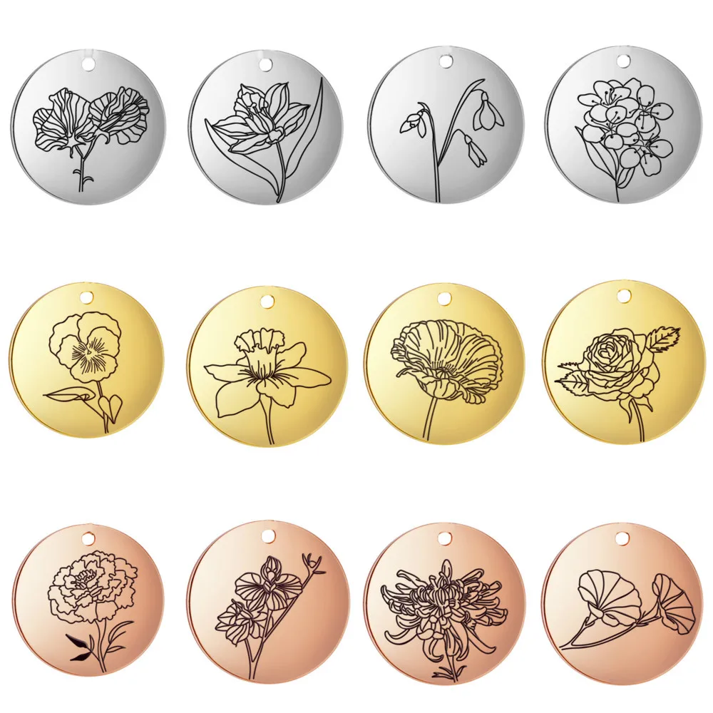 Skyrim Birth Flower Pendant Necklace Women Stainless Steel Flora Gladiolus Poppy Peony Rose Daisy Necklace Personalized Jewelry