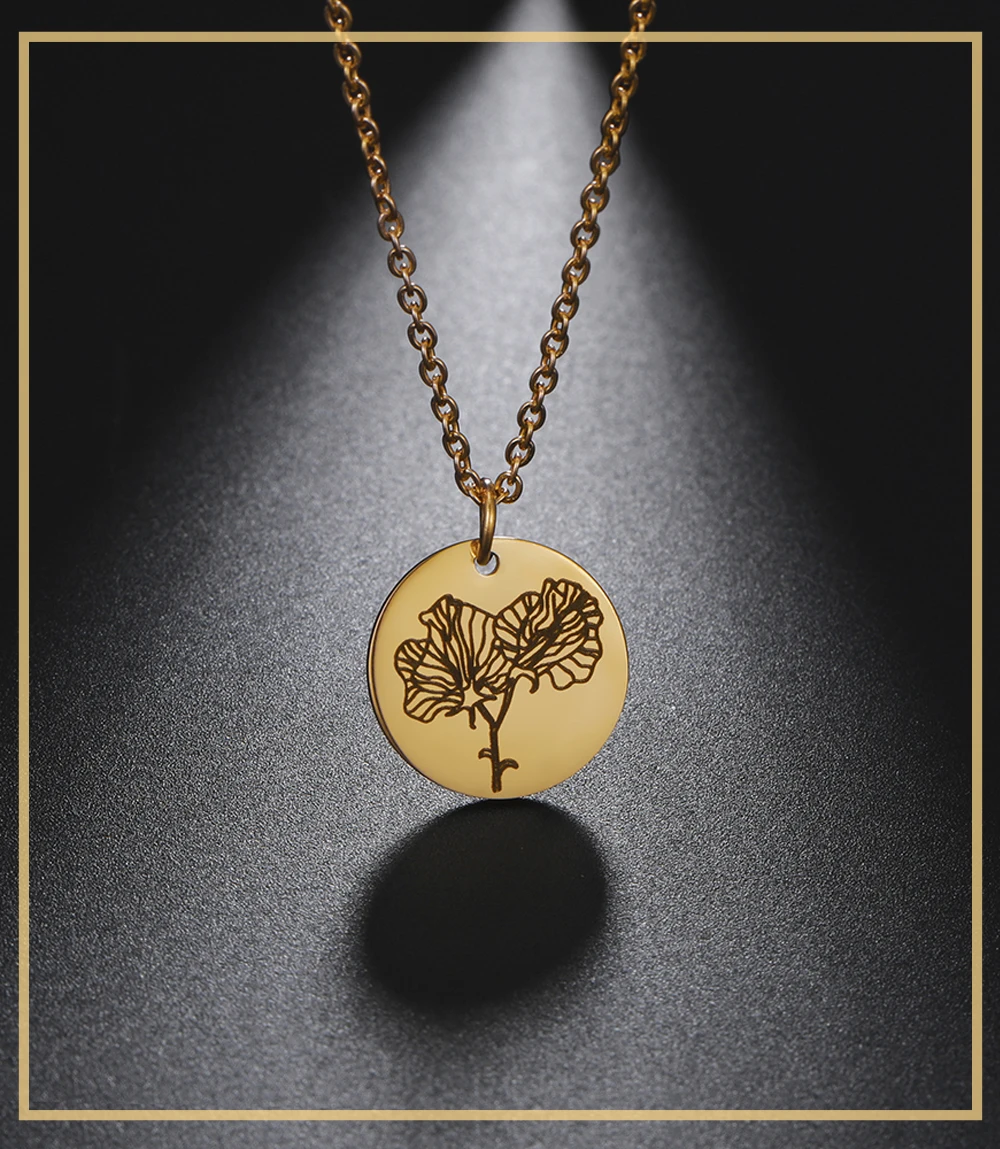 Skyrim Birth Flower Pendant Necklace Women Stainless Steel Flora Gladiolus Poppy Peony Rose Daisy Necklace Personalized Jewelry