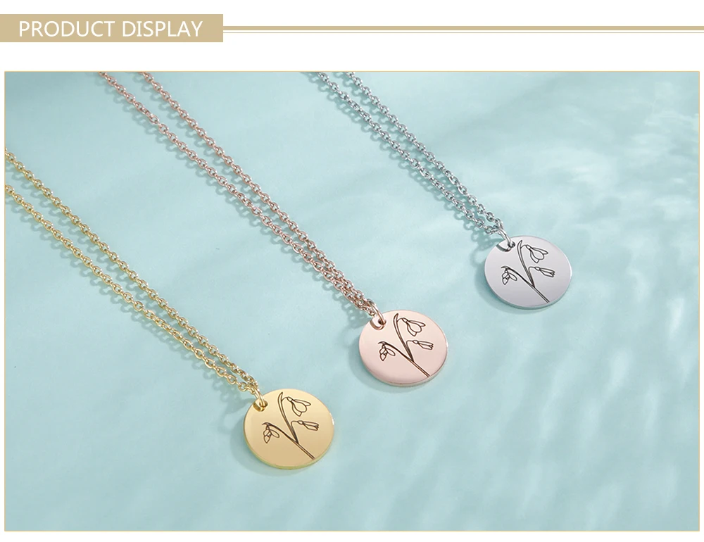 Skyrim Birth Flower Pendant Necklace Women Stainless Steel Flora Gladiolus Poppy Peony Rose Daisy Necklace Personalized Jewelry