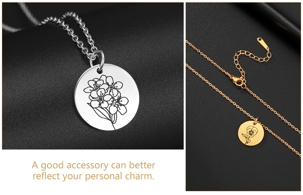Skyrim Birth Flower Pendant Necklace Women Stainless Steel Flora Gladiolus Poppy Peony Rose Daisy Necklace Personalized Jewelry