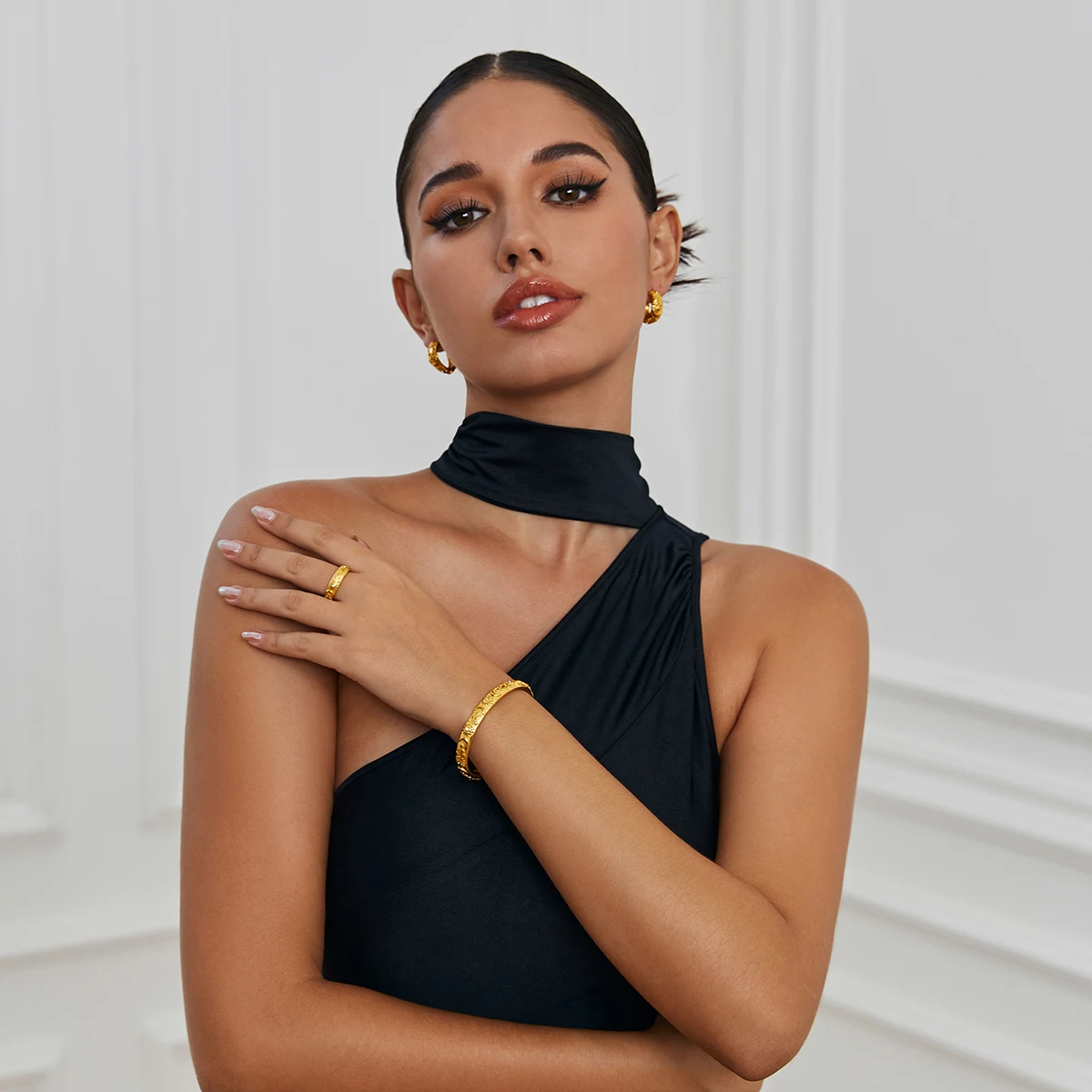 E.B.belle Classical Vintage Women Gold Plated Jewelry Set Chunky Statement Earring Rings India Dubai Gold Jewelry Accessories
