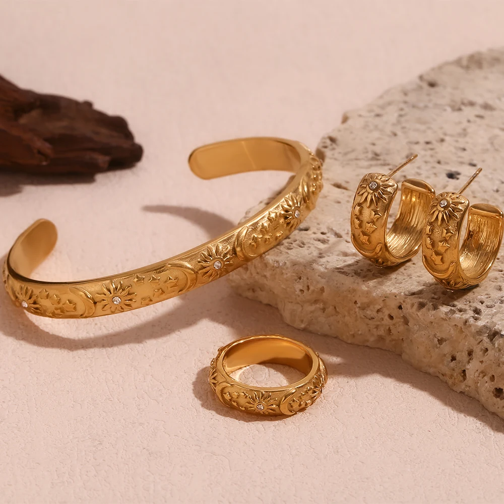 E.B.belle Classical Vintage Women Gold Plated Jewelry Set Chunky Statement Earring Rings India Dubai Gold Jewelry Accessories