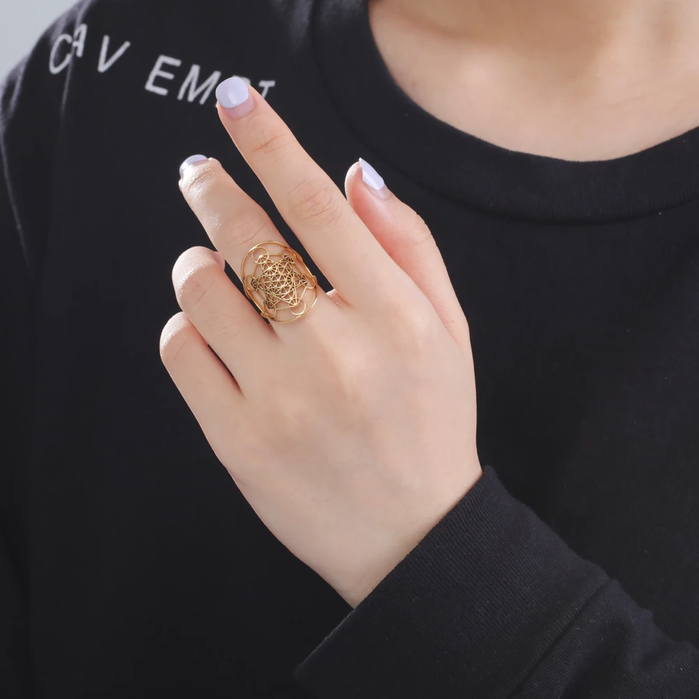 Skyrim Angel Seal Archangel Metatron Cube Ring Women Stainless Steel Sacred Geometry Rings Amulet Religious Spiritual Jewelry