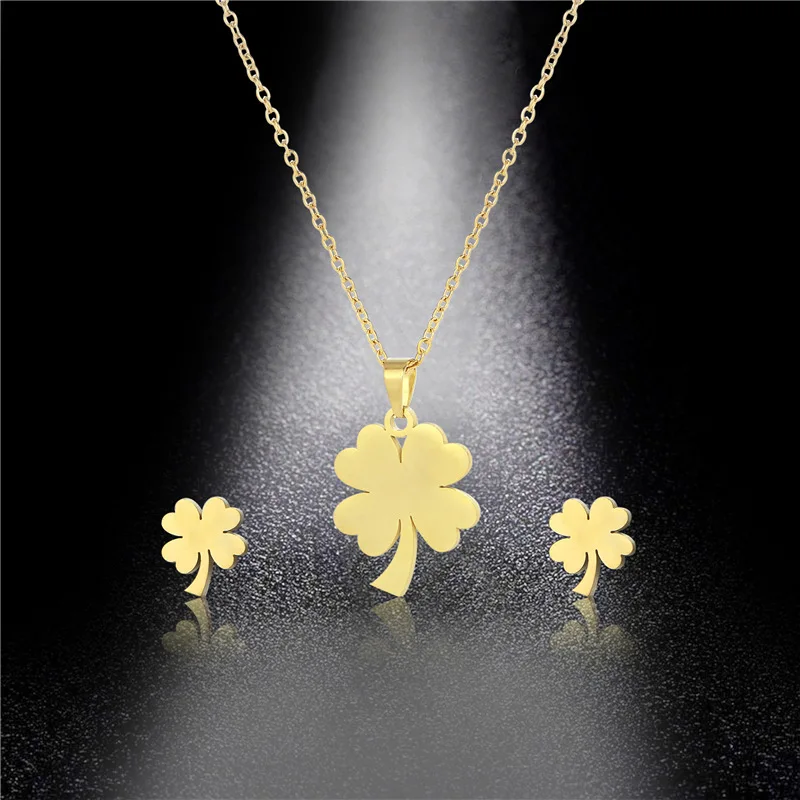 Trendy Lucky Four Leaf Clover Pendant Necklace Earrings Jewelry Set For Women Girl Stainless Steel Clavicle Chain Romantic Gifts