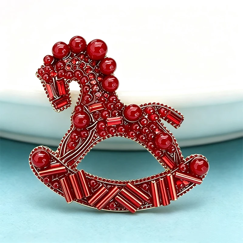 Wuli&baby Red Beads Rocking Horse Brooches For Women Unisex Toy-design Horse Party Casual Brooch Pin Gifts