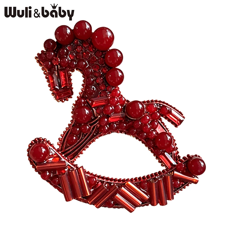 Wuli&baby Red Beads Rocking Horse Brooches For Women Unisex Toy-design Horse Party Casual Brooch Pin Gifts