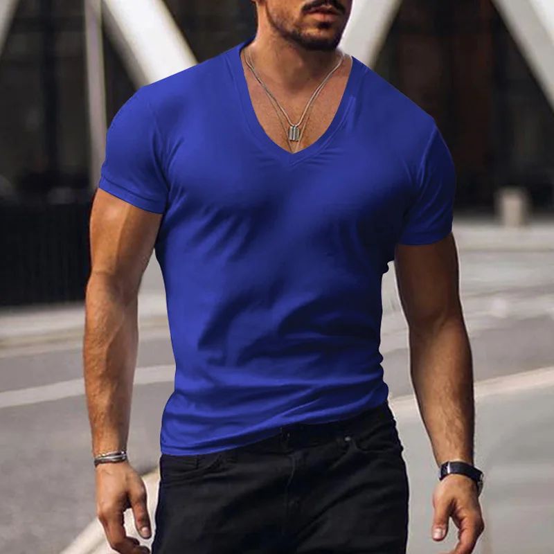 Men T-shirts Casual Male V Neck Short Sleeve Slim Breathable Tee Shirt Tops CBFS-23056-B