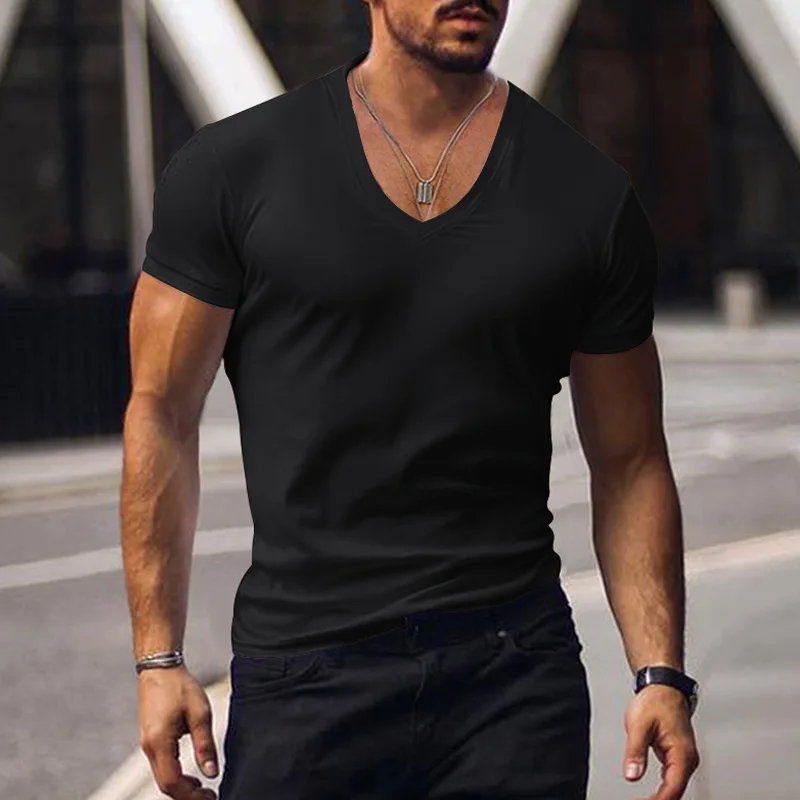 Men T-shirts Casual Male V Neck Short Sleeve Slim Breathable Tee Shirt Tops CBFS-23056-B