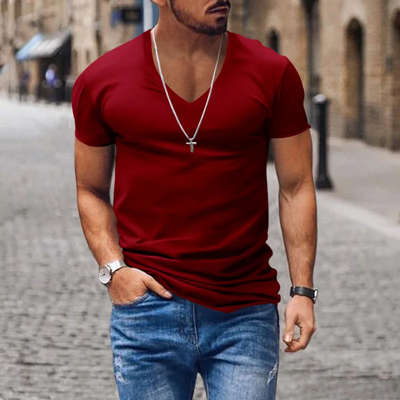 Men T-shirts Casual Male V Neck Short Sleeve Slim Breathable Tee Shirt Tops CBFS-23056-B
