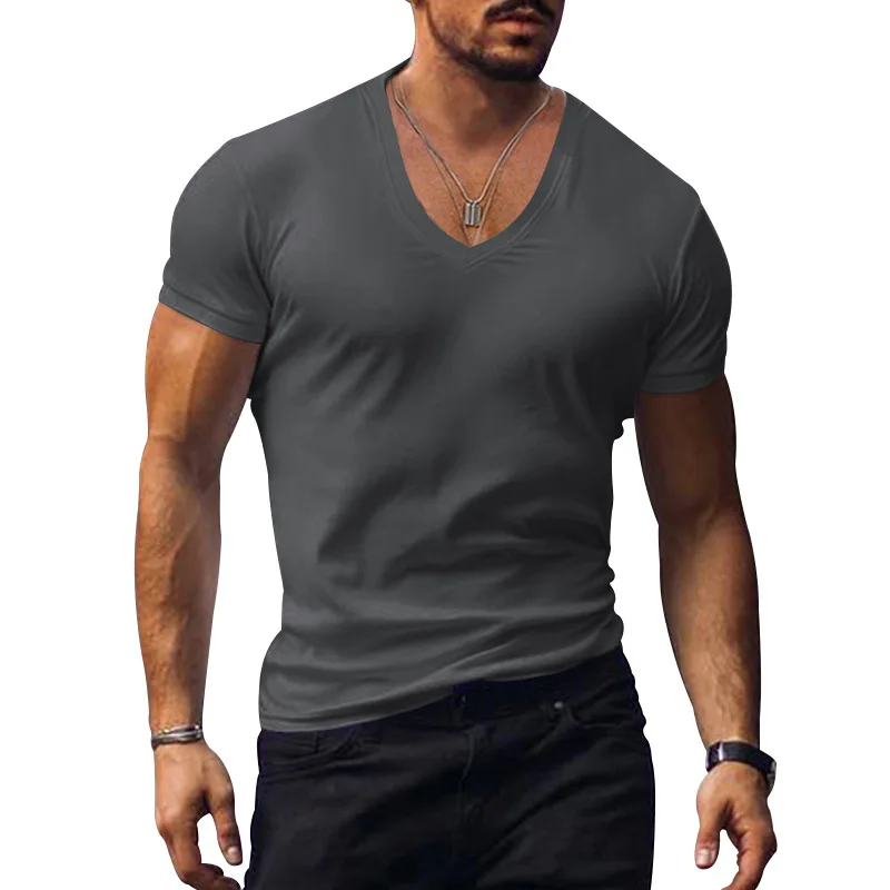 Men T-shirts Casual Male V Neck Short Sleeve Slim Breathable Tee Shirt Tops CBFS-23056-B