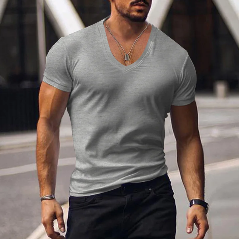 Men T-shirts Casual Male V Neck Short Sleeve Slim Breathable Tee Shirt Tops CBFS-23056-B