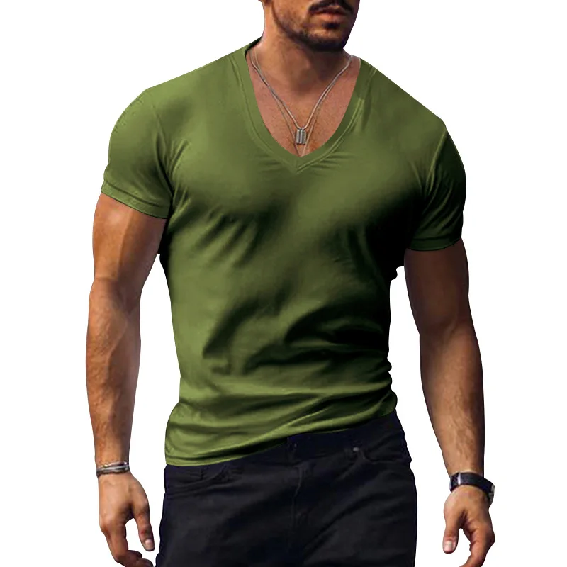Men T-shirts Casual Male V Neck Short Sleeve Slim Breathable Tee Shirt Tops CBFS-23056-B
