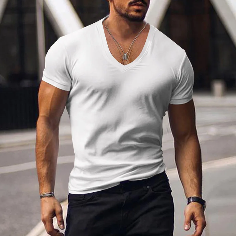 Men T-shirts Casual Male V Neck Short Sleeve Slim Breathable Tee Shirt Tops CBFS-23056-B