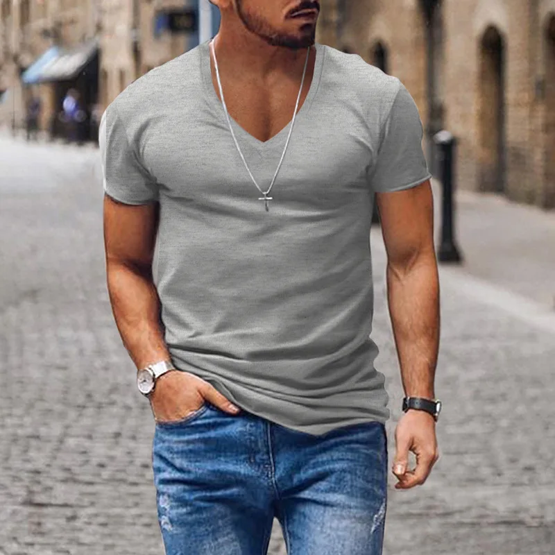 Men T-shirts Casual Male V Neck Short Sleeve Slim Breathable Tee Shirt Tops CBFS-23056-B