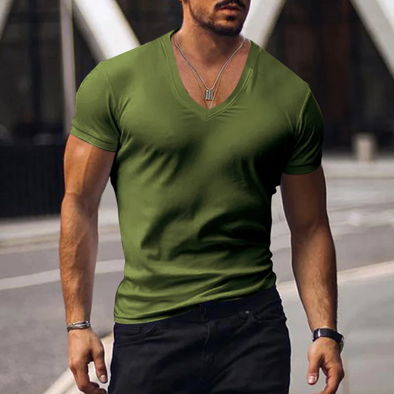 Men T-shirts Casual Male V Neck Short Sleeve Slim Breathable Tee Shirt Tops CBFS-23056-B