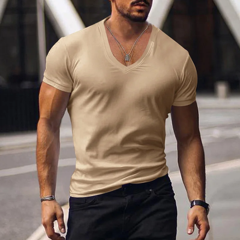 Men T-shirts Casual Male V Neck Short Sleeve Slim Breathable Tee Shirt Tops CBFS-23056-B
