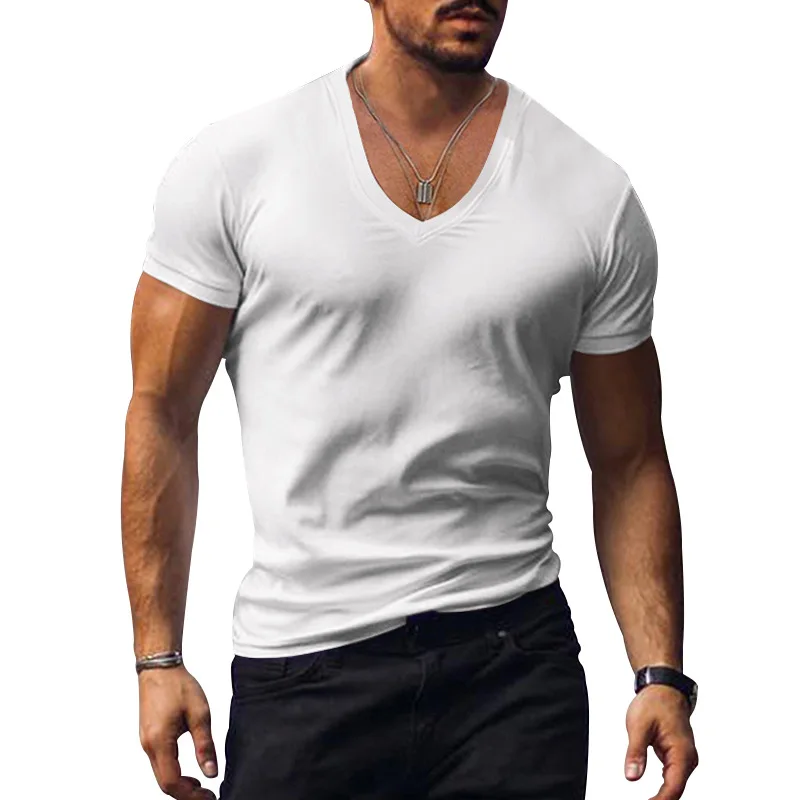 Men T-shirts Casual Male V Neck Short Sleeve Slim Breathable Tee Shirt Tops CBFS-23056-B