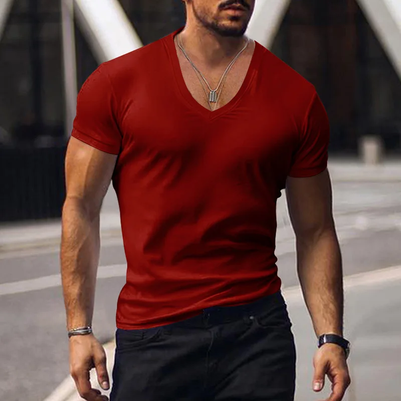 Men T-shirts Casual Male V Neck Short Sleeve Slim Breathable Tee Shirt Tops CBFS-23056-B