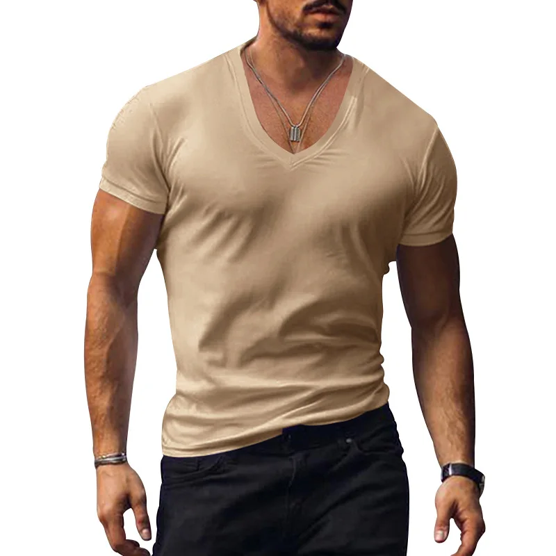 Men T-shirts Casual Male V Neck Short Sleeve Slim Breathable Tee Shirt Tops CBFS-23056-B