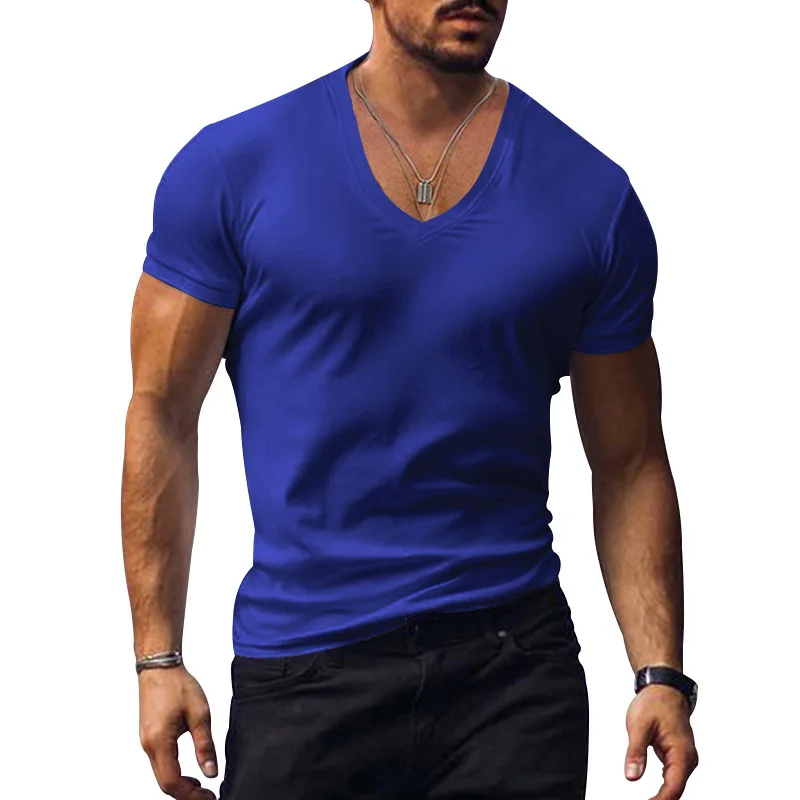 Men T-shirts Casual Male V Neck Short Sleeve Slim Breathable Tee Shirt Tops CBFS-23056-B