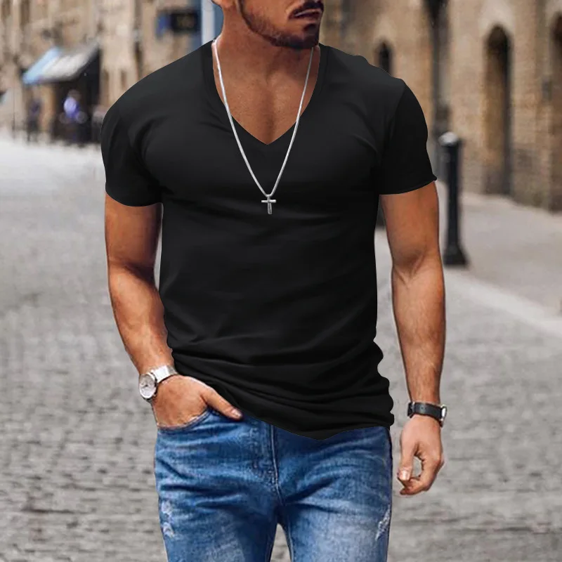 Men T-shirts Casual Male V Neck Short Sleeve Slim Breathable Tee Shirt Tops CBFS-23056-B