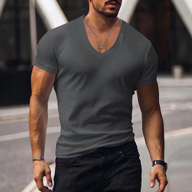 Men T-shirts Casual Male V Neck Short Sleeve Slim Breathable Tee Shirt Tops CBFS-23056-B