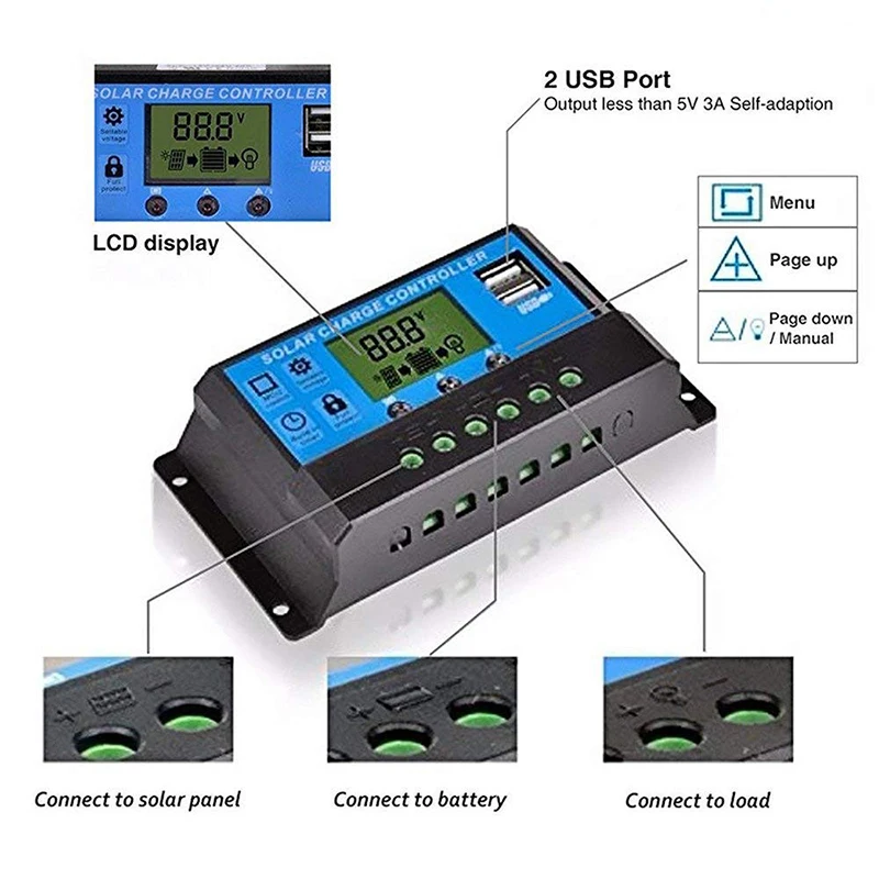 Regolatore solare 12V/24V 30A 20A 10A regolatore solare caricabatteria PWM Display LCD doppia uscita USB 5V