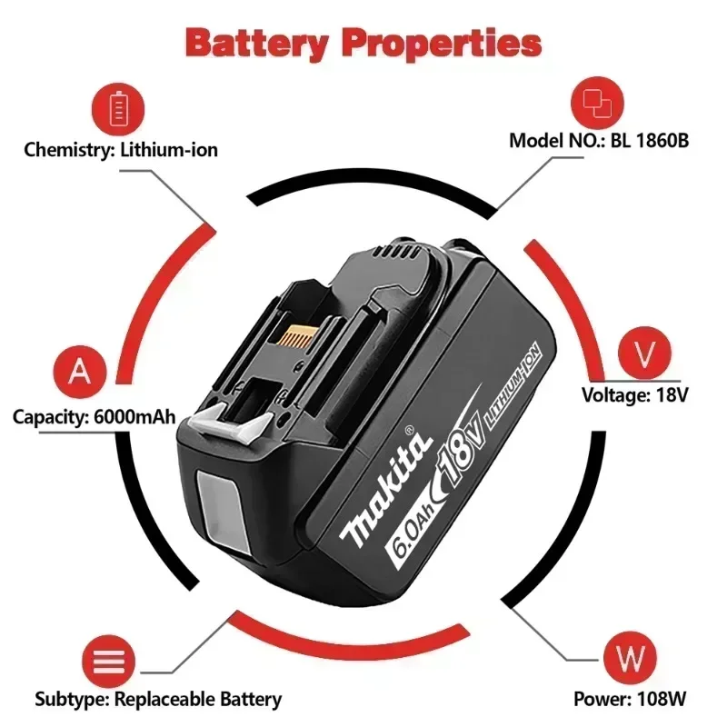 100% Original Makita 18V 6.0Ah Rechargeable Battery ,For Makita BL1830 BL1830B BL1840 BL1840B BL1850 BL1850B Power Tools Battery