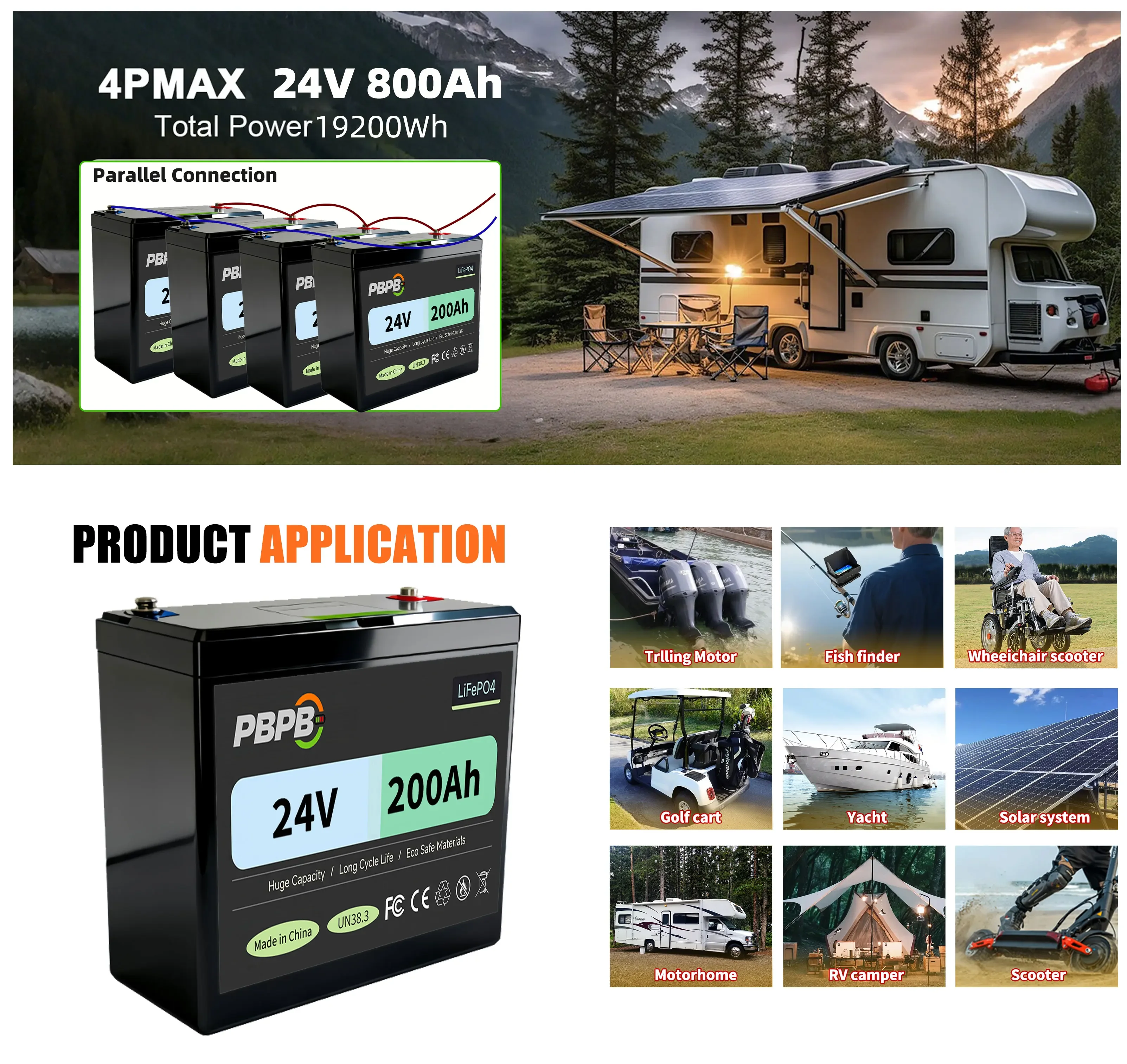 LiFePO4 24V 200AH Lithium Iron Phosphate Battery Energy Storage System for RV Off-Grid Solar Power Generation