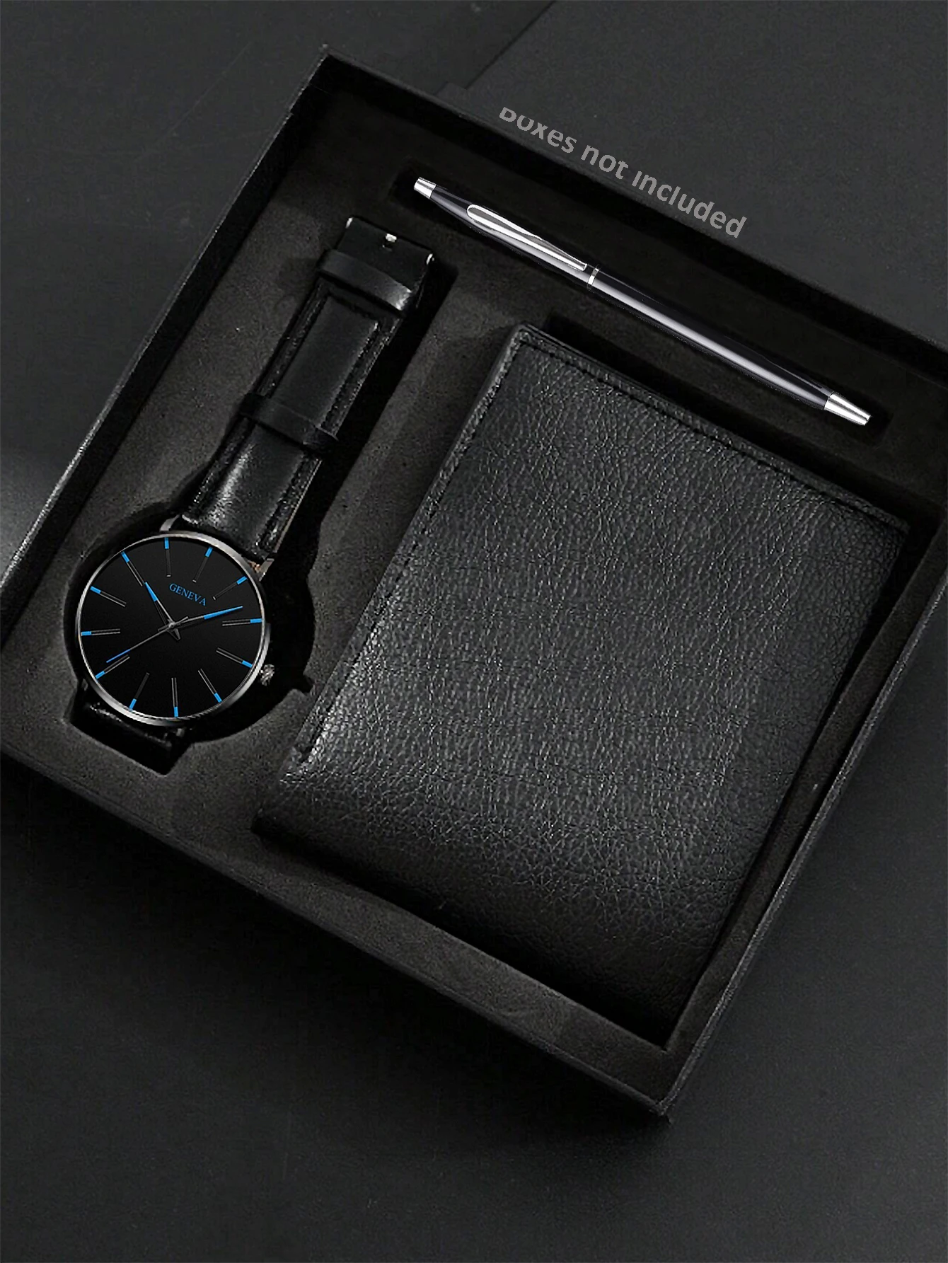 Men's PU Leather Quartz Watch Set with Wallet And Signing Pen Office Kit Digital round Shell Design Ideal Gift without Box