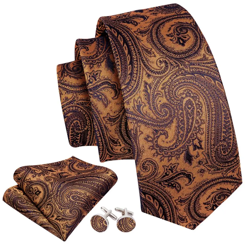 Orange Brown Mens Tie Hanky Cufflinks Set Gold Coffee Jacquard Designer Necktie For Male Wedding Business silk Party