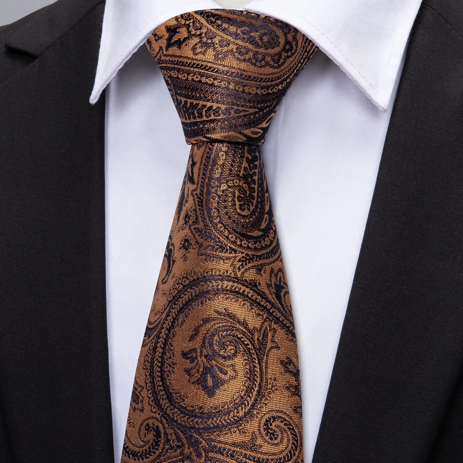 Orange Brown Mens Tie Hanky Cufflinks Set Gold Coffee Jacquard Designer Necktie For Male Wedding Business silk Party