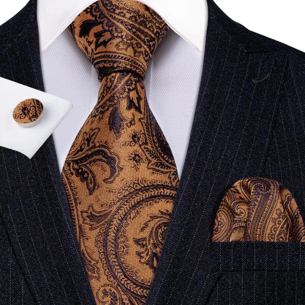 Orange Brown Mens Tie Hanky Cufflinks Set Gold Coffee Jacquard Designer Necktie For Male Wedding Business silk Party