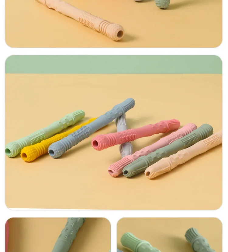 Newborn Hollow Teething Tube Baby Silicone Teether Stick Biting Chewing Straws Nursing Soother Molar Toy Gift for Infants