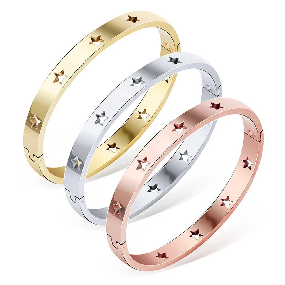 NIBASTAR Hollow Star Bracelets & Bangles For Women Fashion Stainless Steel Sweet Romantic Bracelet Rose Gold Color Jewelry Gift