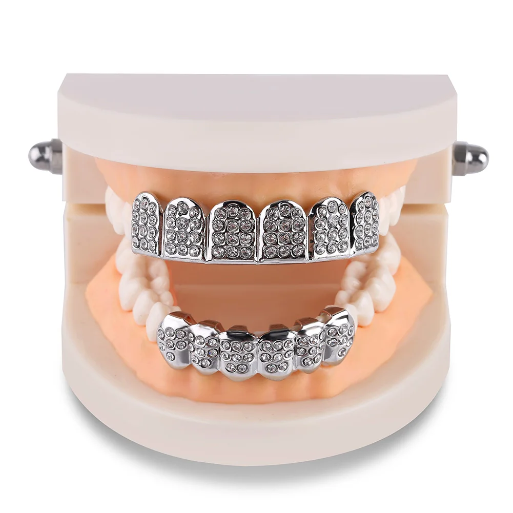 TOPGRILLZ Iced Out Full CZ Stones Teeth Grillz Fashion 5A+ Cubic Zircon 6 Top&6 Bottom Tooth Caps For Men Women Dental Grills