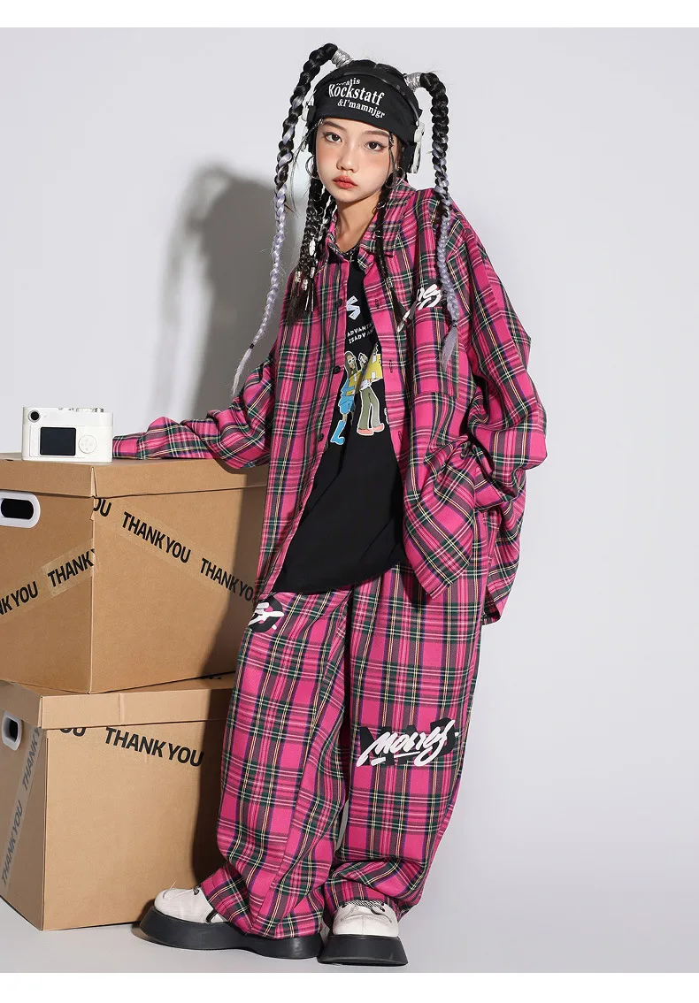 Boys Hip Hop Cool Plaid Shirt Street Dance Pants Girls Fashion Blouse Baggy Sweatpants Children Streetwear Kid Jazz Clothes Sets
