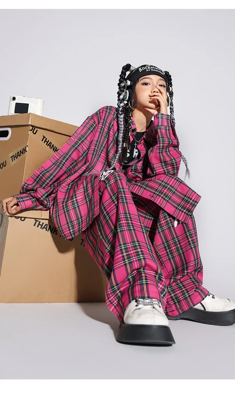 Boys Hip Hop Cool Plaid Shirt Street Dance Pants Girls Fashion Blouse Baggy Sweatpants Children Streetwear Kid Jazz Clothes Sets