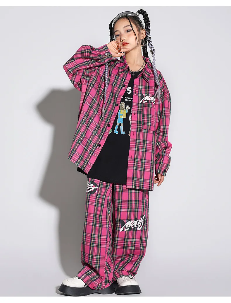 Boys Hip Hop Cool Plaid Shirt Street Dance Pants Girls Fashion Blouse Baggy Sweatpants Children Streetwear Kid Jazz Clothes Sets