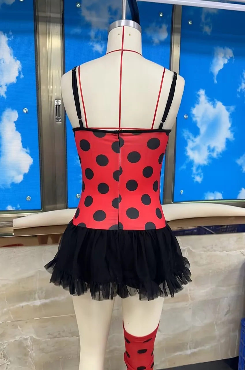 Women Halloween Ladybug Cosplay Costume Beetle Wings Bee Fairy Role Play Costume Dress Headband Leg Warmer 4pcs Outfits